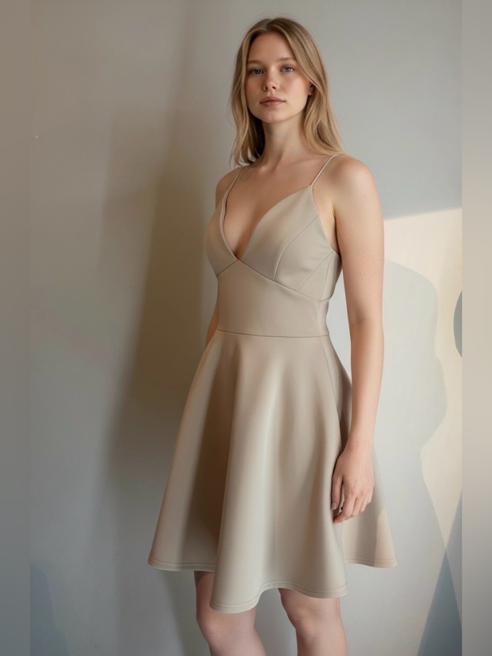 Sleek V-Neck Spaghetti Strap Mini Dress in Nude